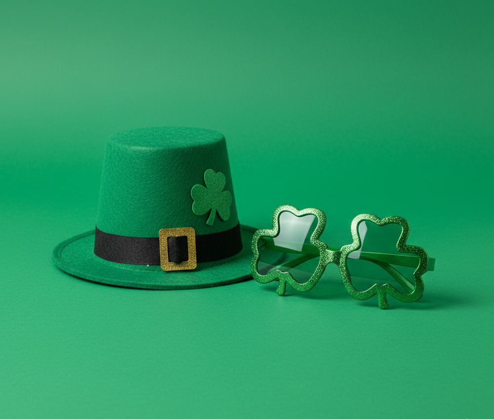 Αποκριάτικα αξεσουάρ St. Patrick με πράσινο καπέλο και γυαλιά τριφύλλι σε φωτογράφιση στούντιο