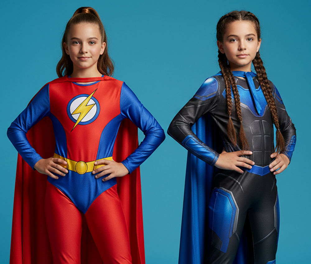 Αποκριάτικες στολές superhero για κορίτσια με δύο κορίτσια σε ηρωικές εμφανίσεις σε φωτογράφιση στούντιο