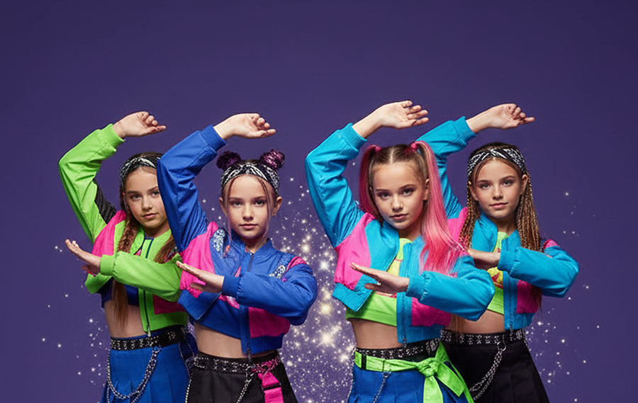 Αποκριάτικες στολές K-pop για κορίτσια με τέσσερα κορίτσια 10-15 ετών σε χορευτικές φιγούρες σε studio φωτογράφιση με μοντέρνο K-pop στυλ και μωβ φόντο