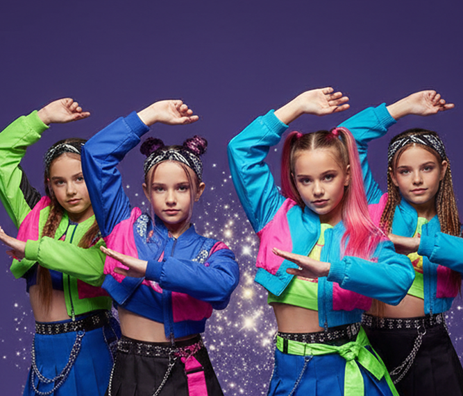 Αποκριάτικες στολές K-pop για κορίτσια με τέσσερα κορίτσια 10-15 ετών σε χορευτικές φιγούρες σε studio φωτογράφιση με μοντέρνο K-pop στυλ και μωβ φόντο