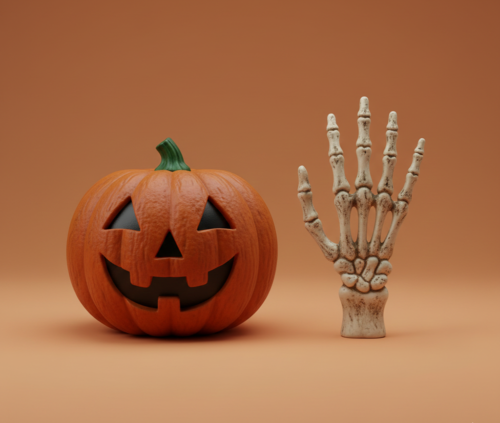 Αποκριάτικα αξεσουάρ Halloween με κολοκύθα και σκελετικό διακοσμητικό σε φωτογράφιση στούντιο